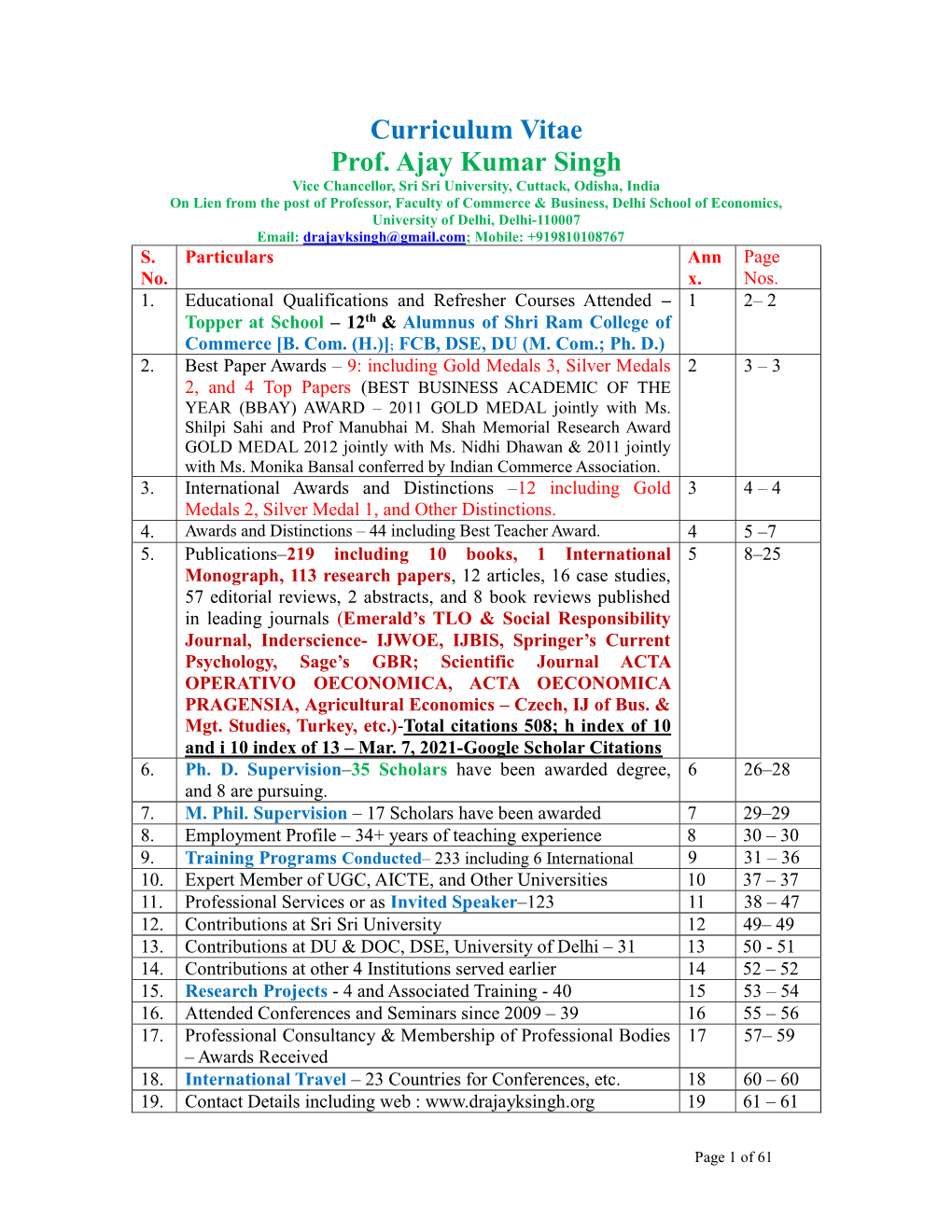 Curriculum Vitae Prof. Ajay Kumar Singh