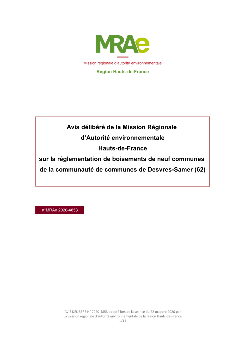 Avis Délibéré De La Mission Régionale D'autorité Environnementale Hauts-De-France Sur La Réglementation De Boisements De