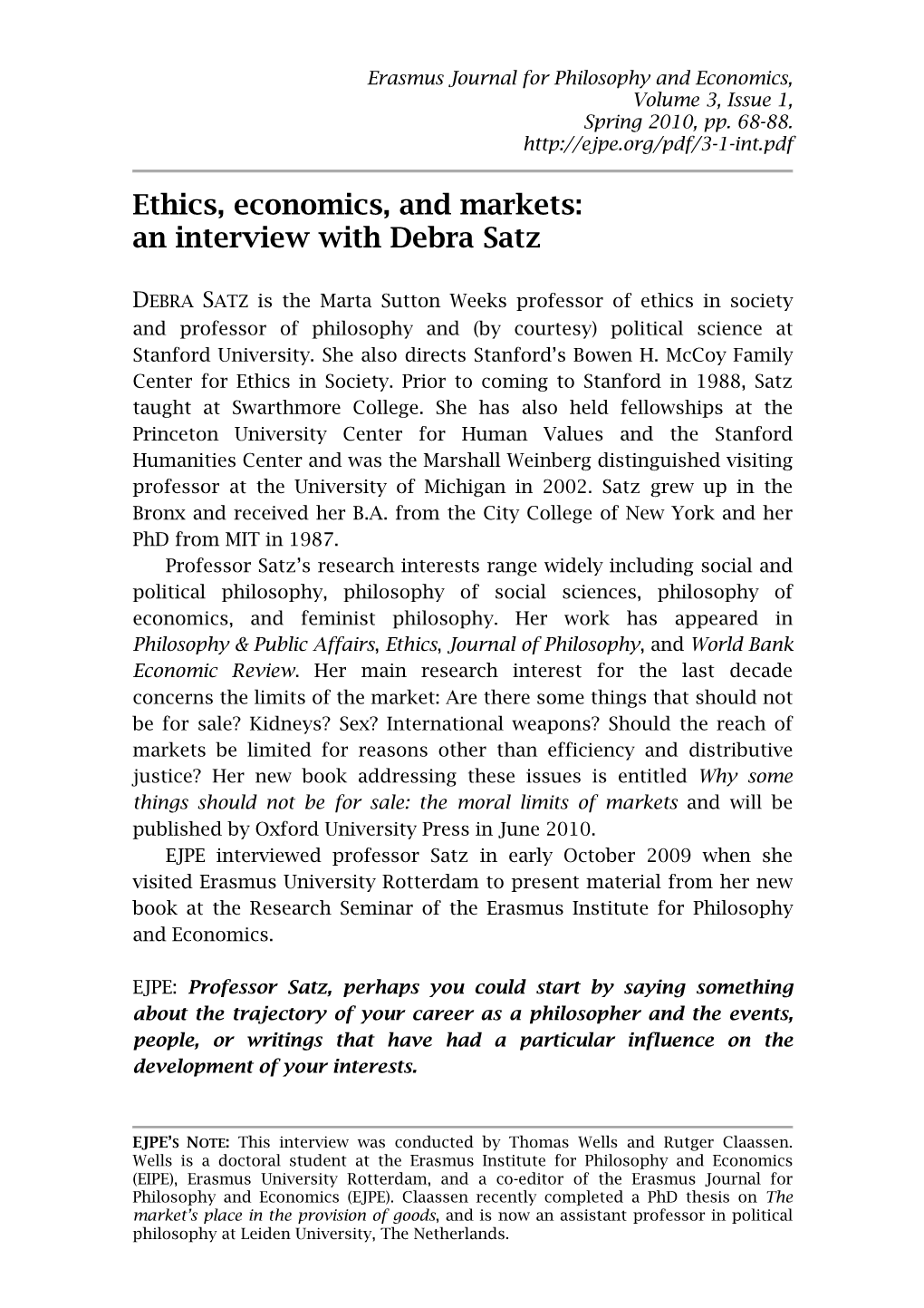 Ethics, Economics, and Markets: an Interview with Debra Satz