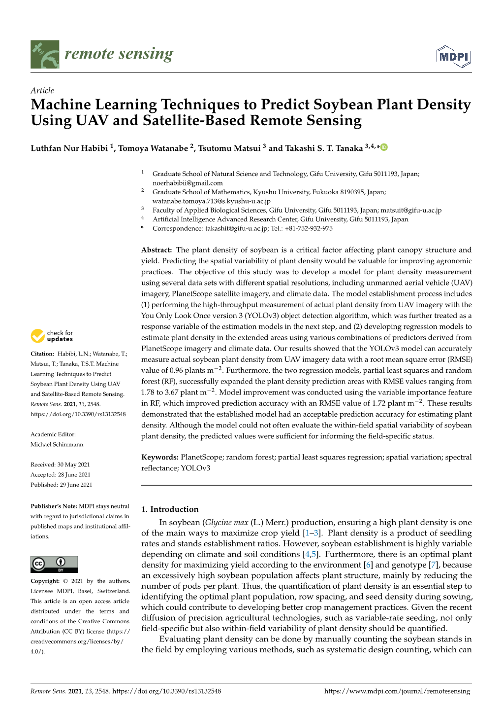 Machine Learning Techniques to Predict Soybean Plant Density Using UAV and Satellite-Based Remote Sensing