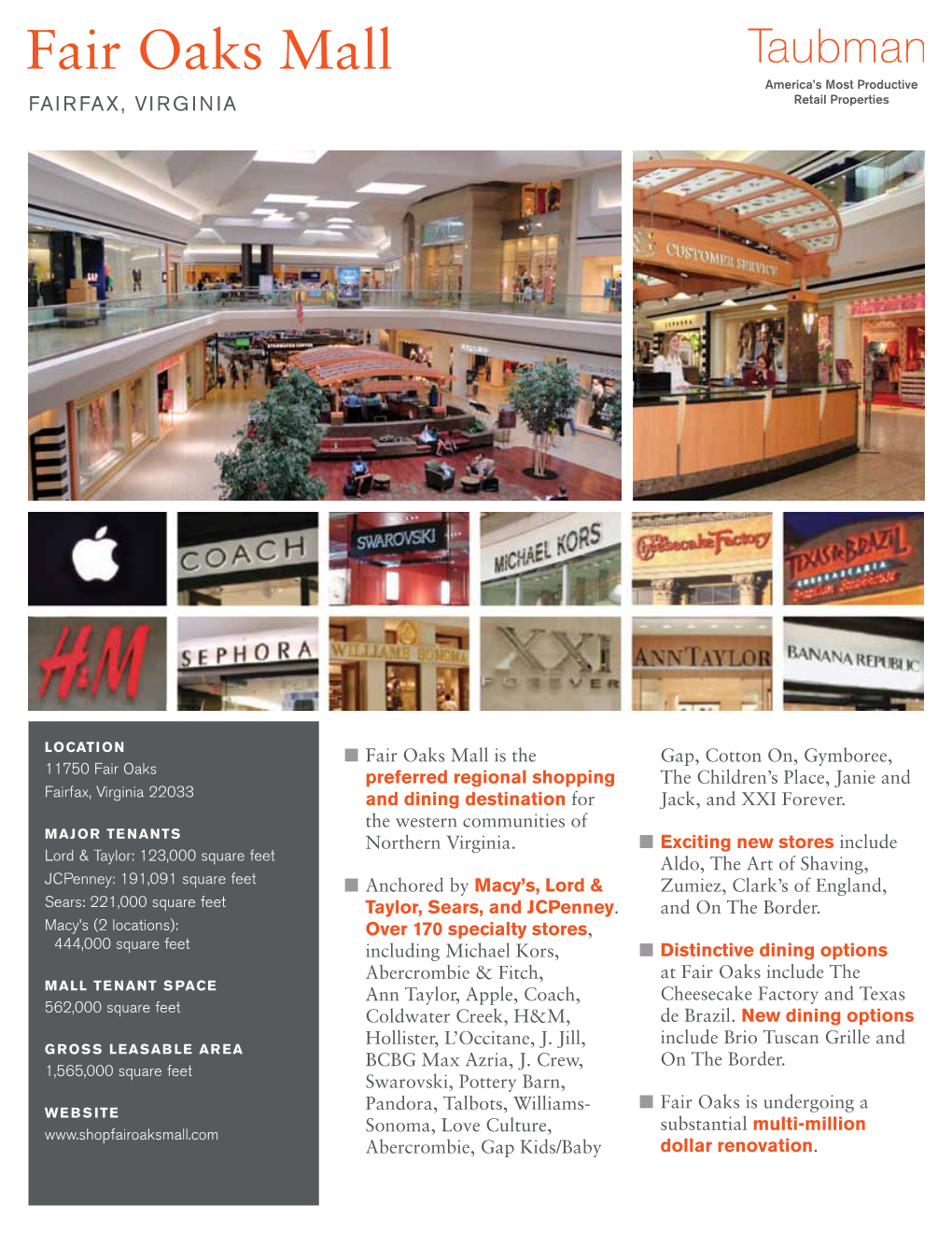 Fair Oaks Mall America’S Most Productive Fairfax, Virginia Retail Properties