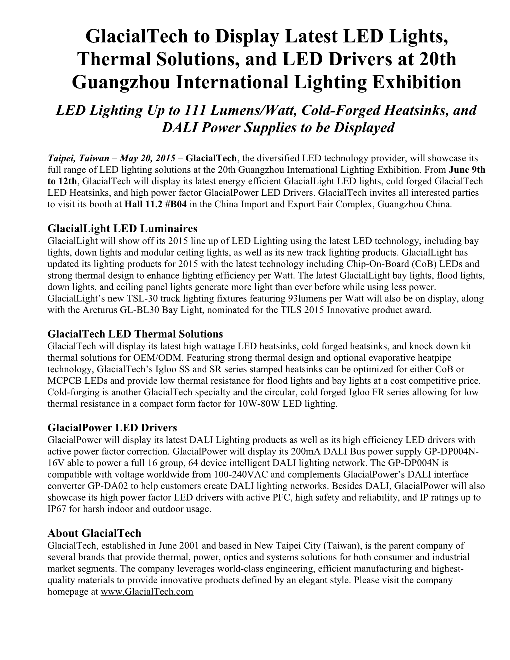 Glacialtech to Display Latest LED Lights, Thermal Solutions, and LED Drivers at 20Th Guangzhou