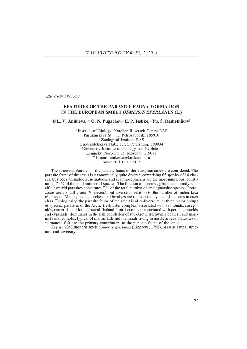 Features of the Parasite Fauna Formation in the European Smelt Osmerus Eperlanus (L.)