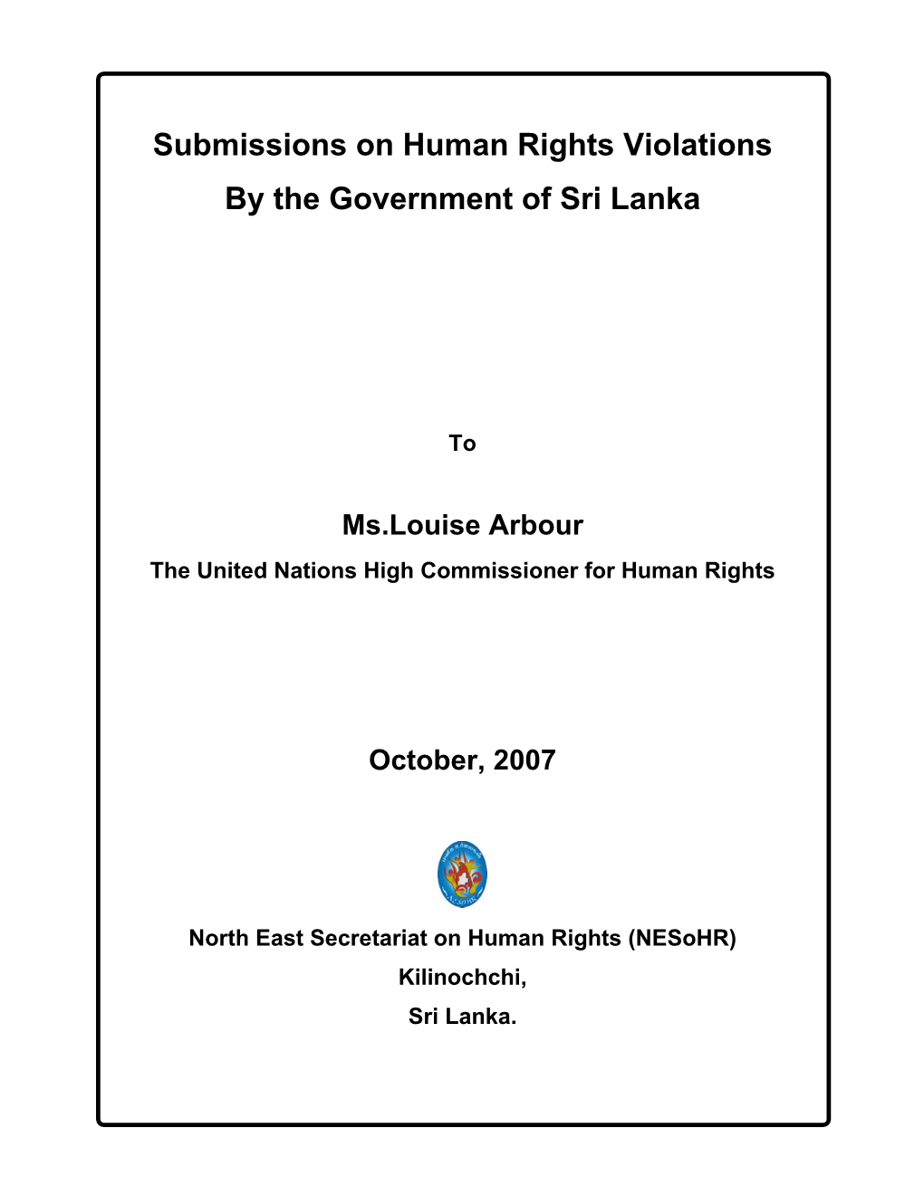 Submissions on Human Rights Violations by the Government of Sri Lanka