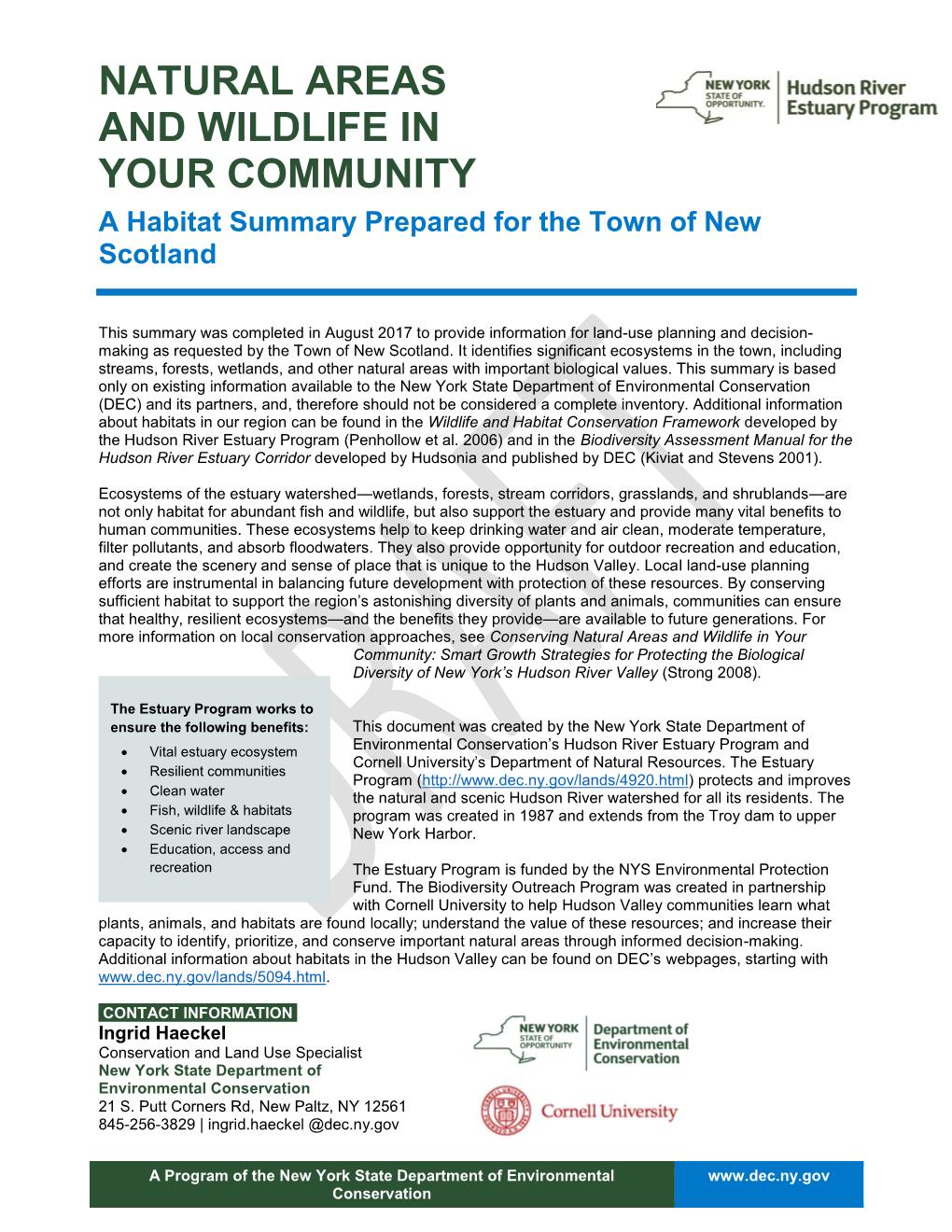 NATURAL AREAS and WILDLIFE in YOUR COMMUNITY a Habitat Summary Prepared for the Town of New Scotland