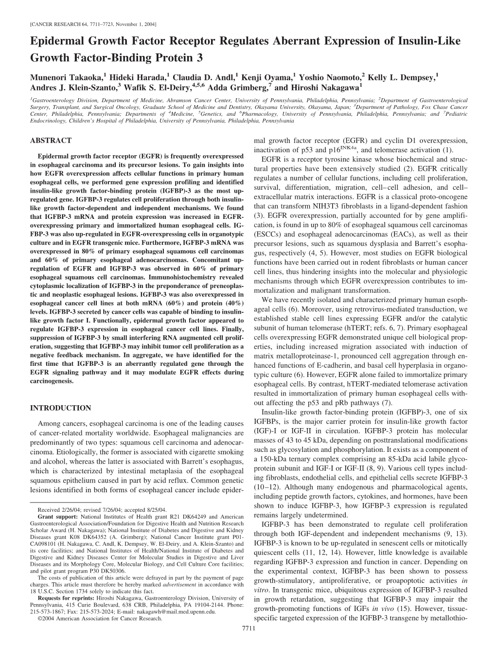 Epidermal Growth Factor Receptor Regulates Aberrant Expression of Insulin-Like Growth Factor-Binding Protein 3