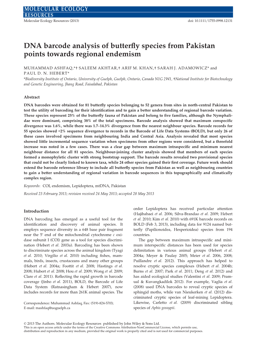 DNA Barcode Analysis of Butterfly Species from Pakistan Points