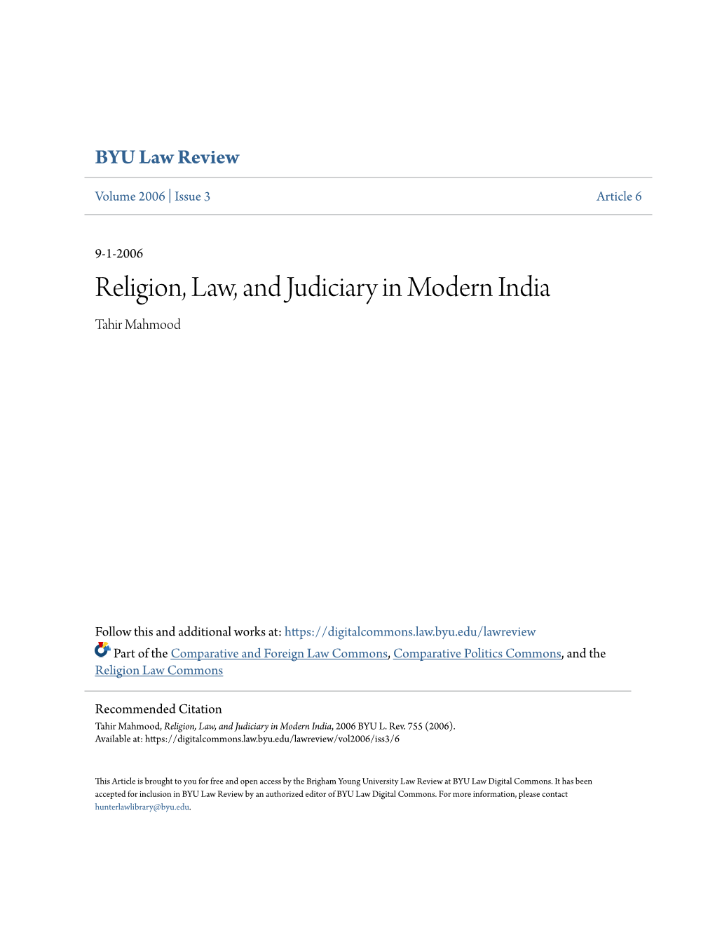 Religion, Law, and Judiciary in Modern India Tahir Mahmood