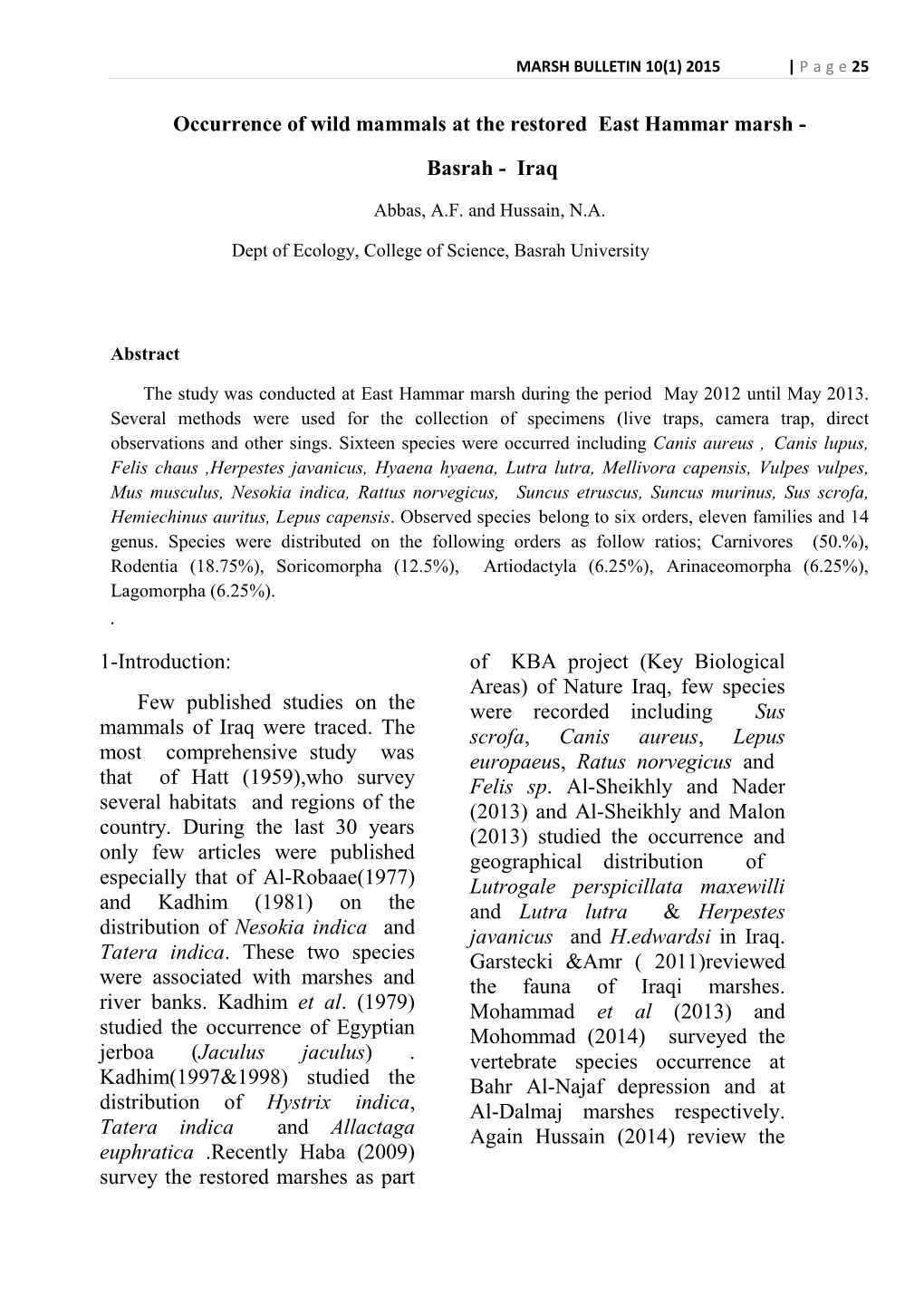 Occurrence of Wild Mammals at the Restored East Hammar Marsh