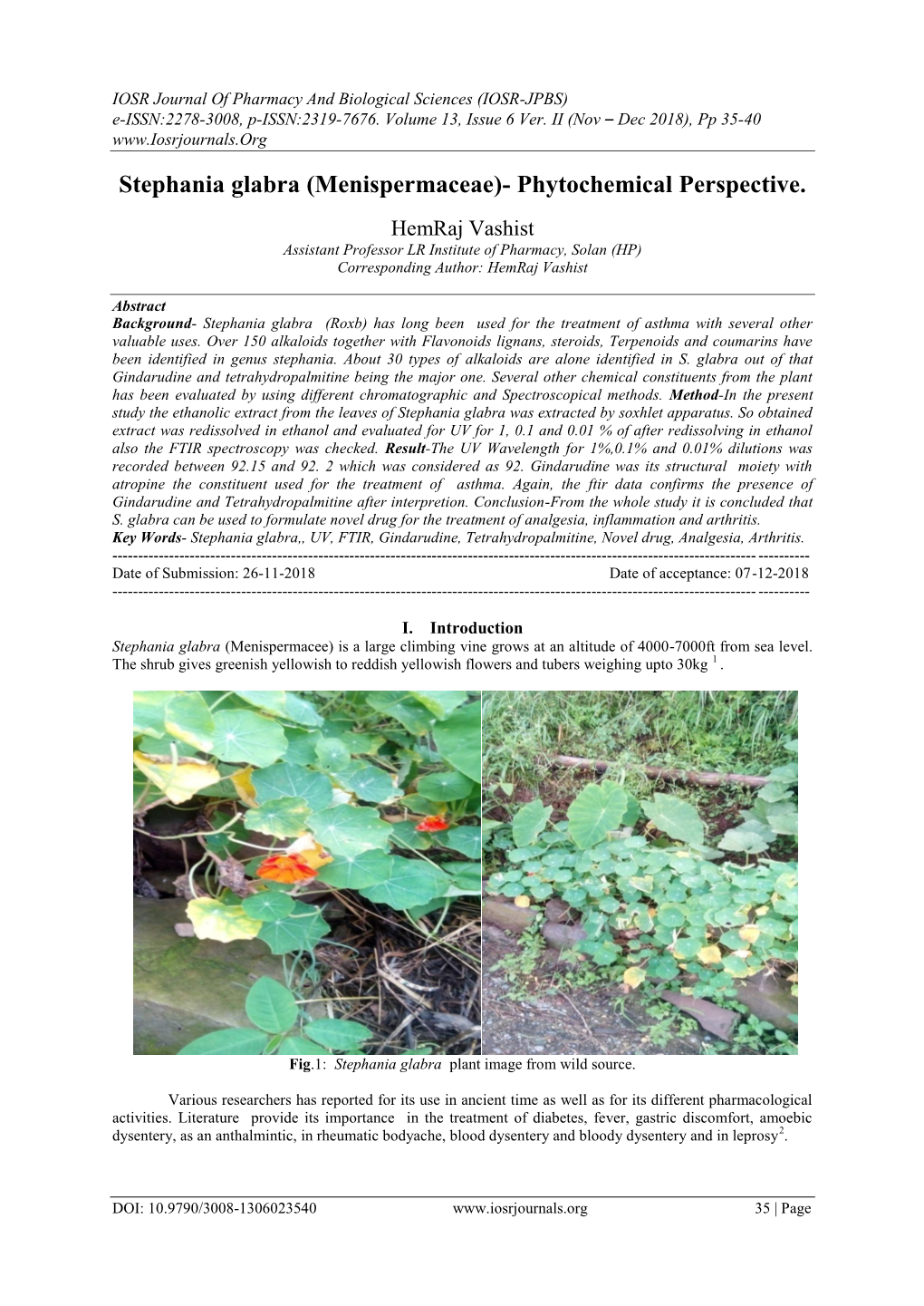 Stephania Glabra (Menispermaceae)- Phytochemical Perspective