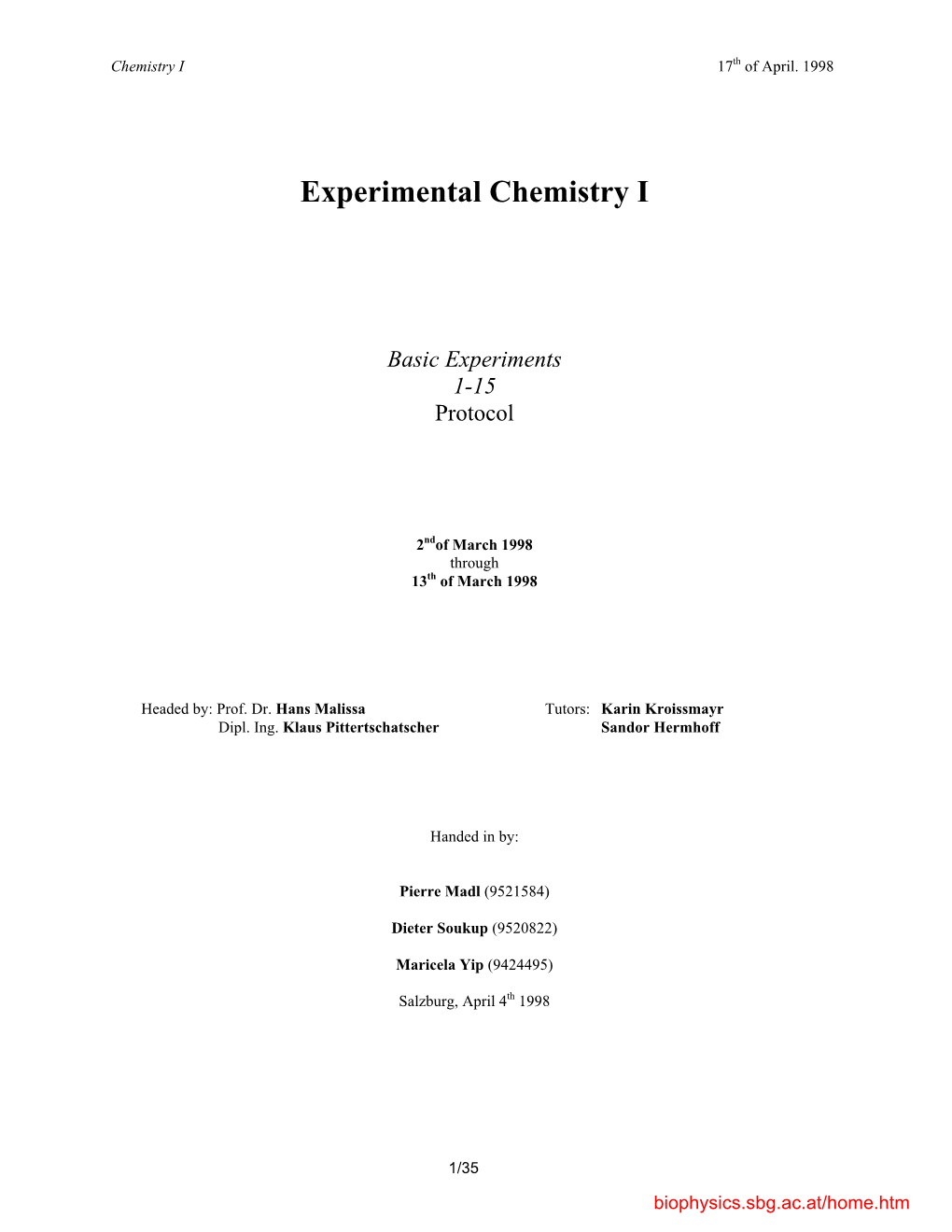 Experimental Chemistry I