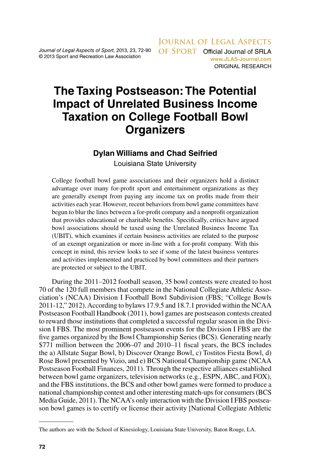 The Potential Impact of Unrelated Business Income Taxation on College Football Bowl Organizers