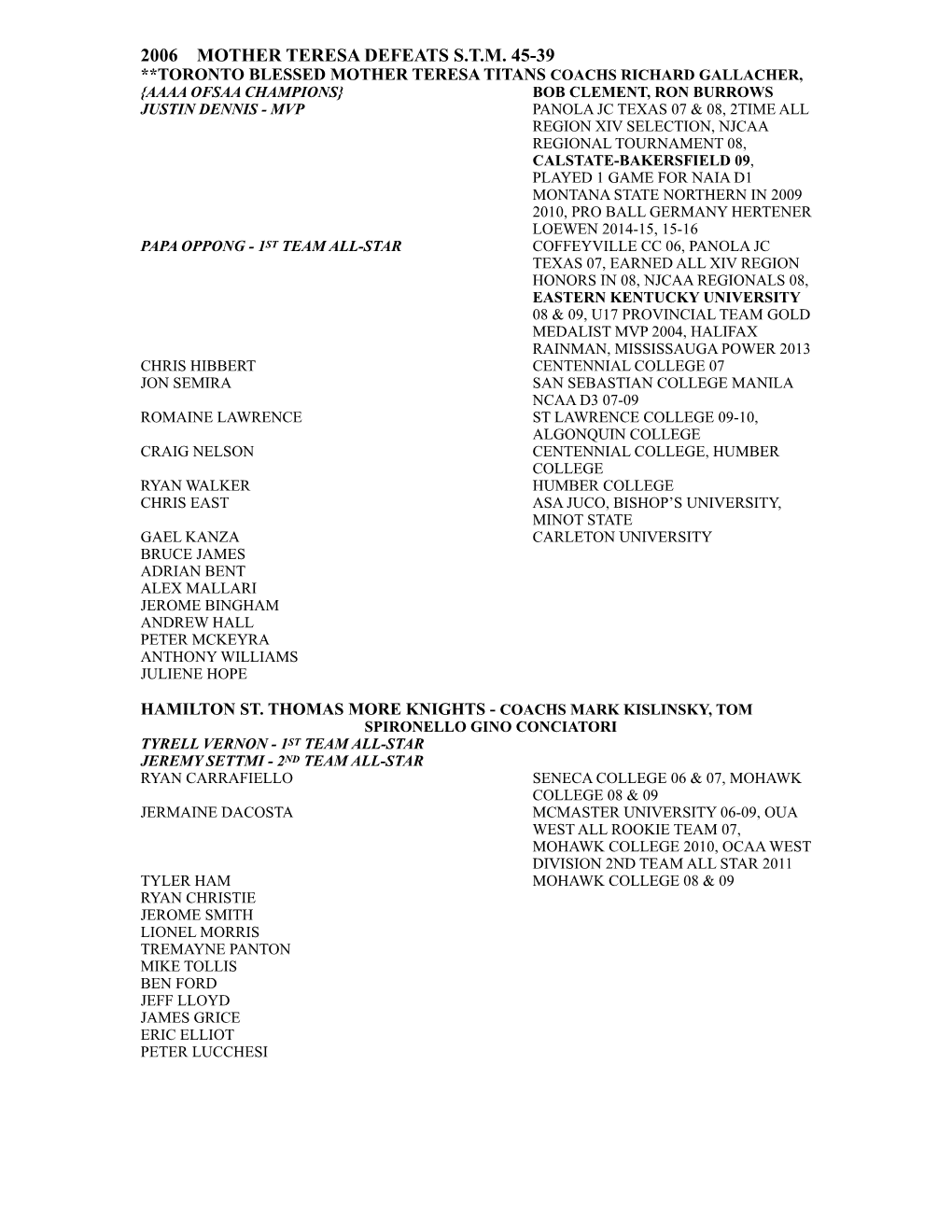 2006 Team Rosters