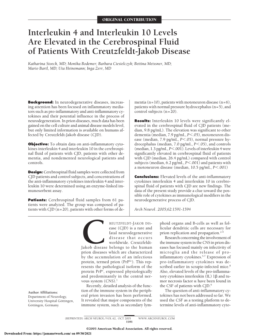 Interleukin 4 and Interleukin 10 Levels Are Elevated in the Cerebrospinal Fluid of Patients with Creutzfeldt-Jakob Disease