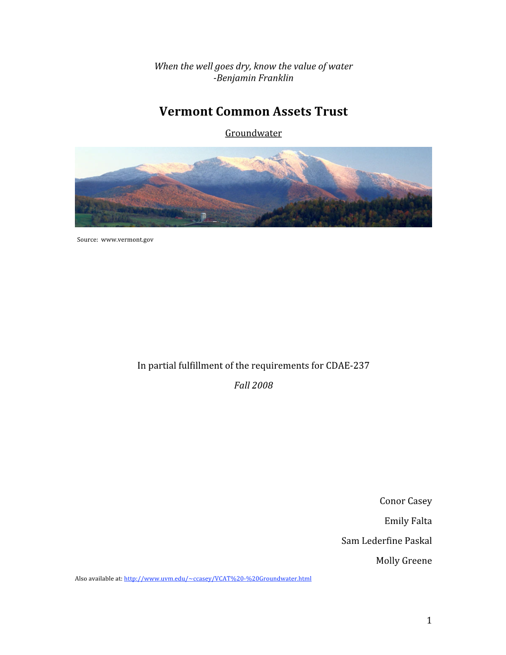 Vermont Common Assets Trust-Groundwater