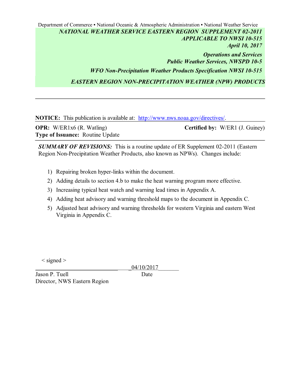 Eastern Region Non-Precipitation Weather (Npw) Products