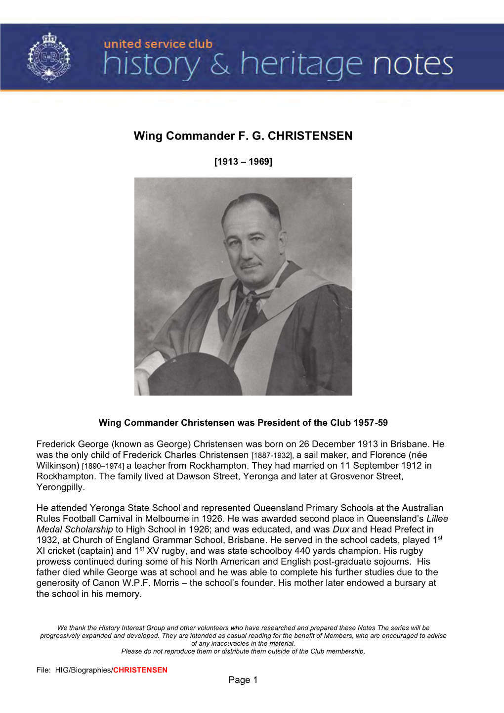 Wing Commander F. G. CHRISTENSEN