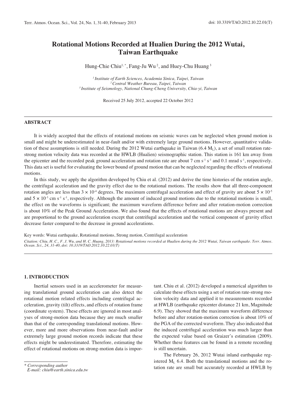 Rotational Motions Recorded at Hualien During the 2012 Wutai, Taiwan Earthquake