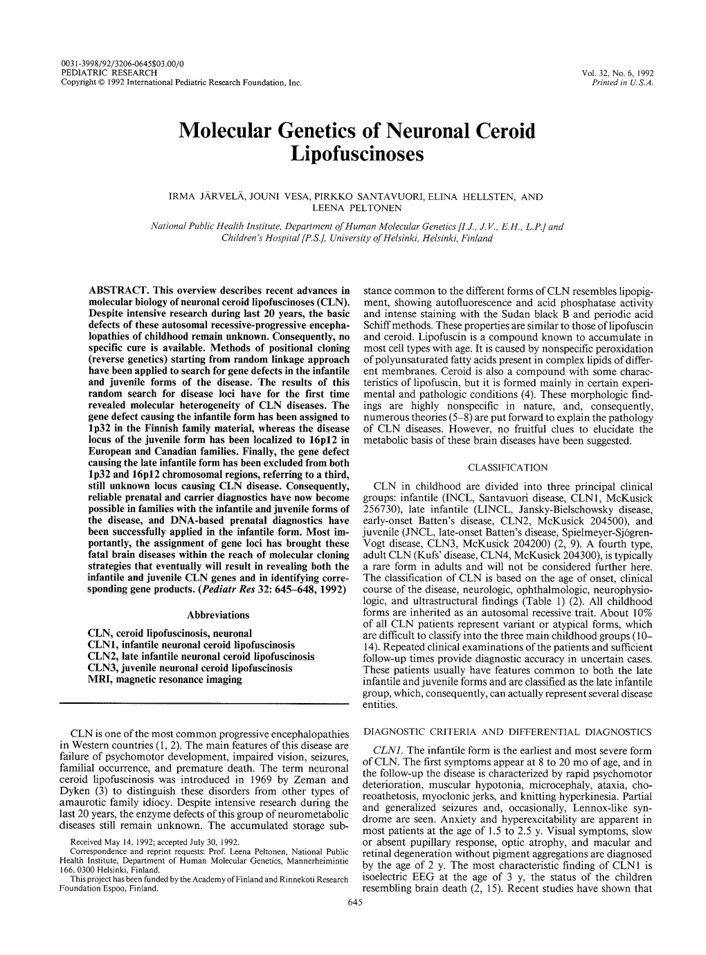 Molecular Genetics of Neuronal Ceroid Lipofuscinoses