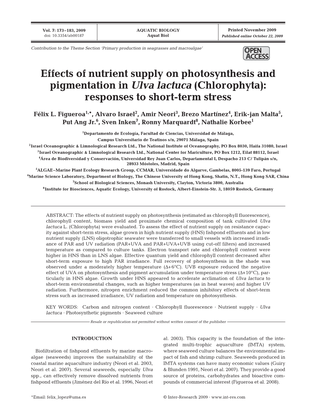 Effects of Nutrient Supply on Photosynthesis and Pigmentation in Ulva Lactuca (Chlorophyta): Responses to Short-Term Stress