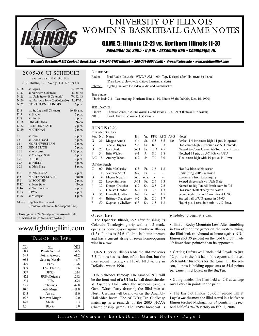 University of Illinois Women's Basketball Game Notes