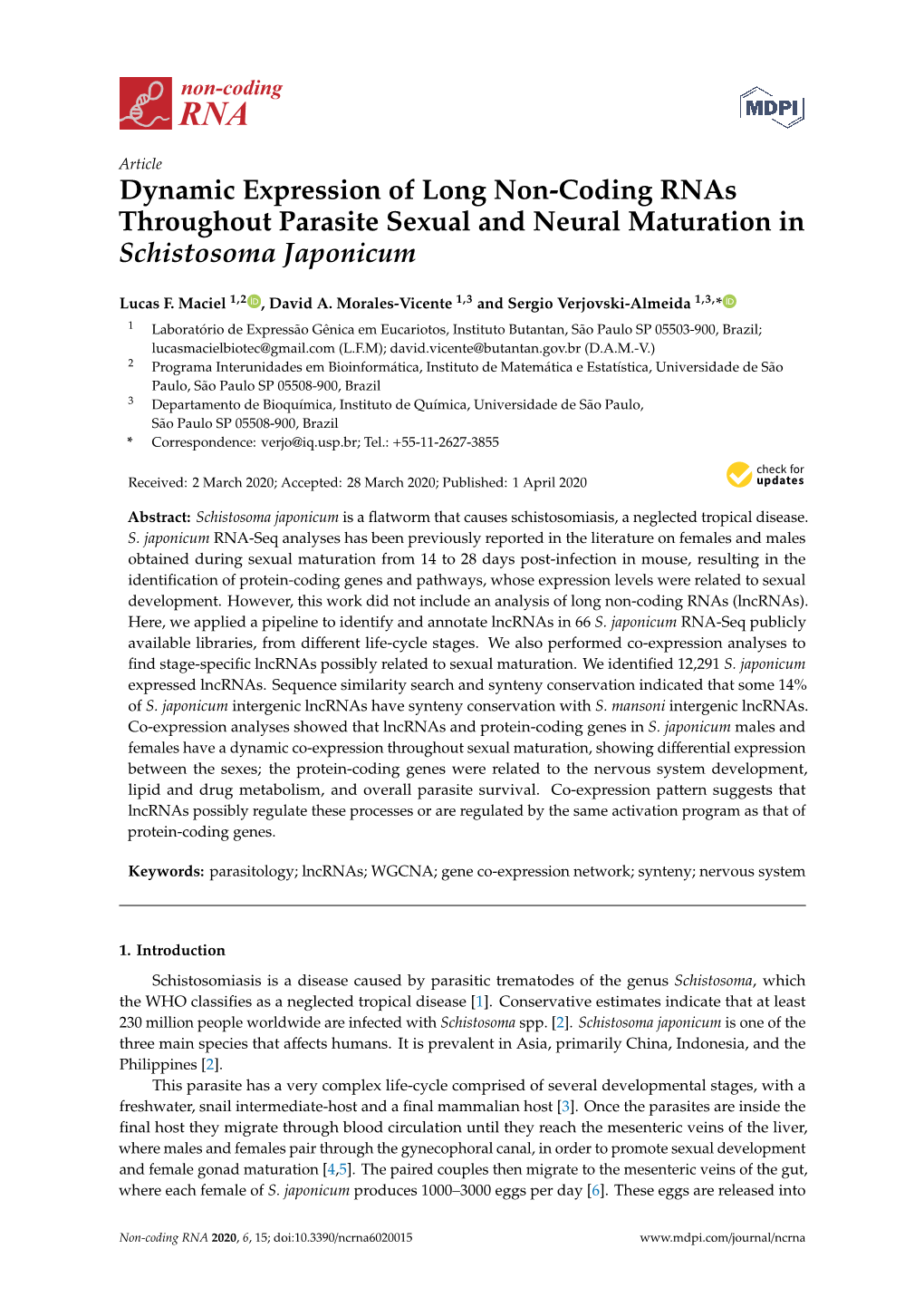 Dynamic Expression of Long Non-Coding Rnas Throughout Parasite Sexual and Neural Maturation in Schistosoma Japonicum