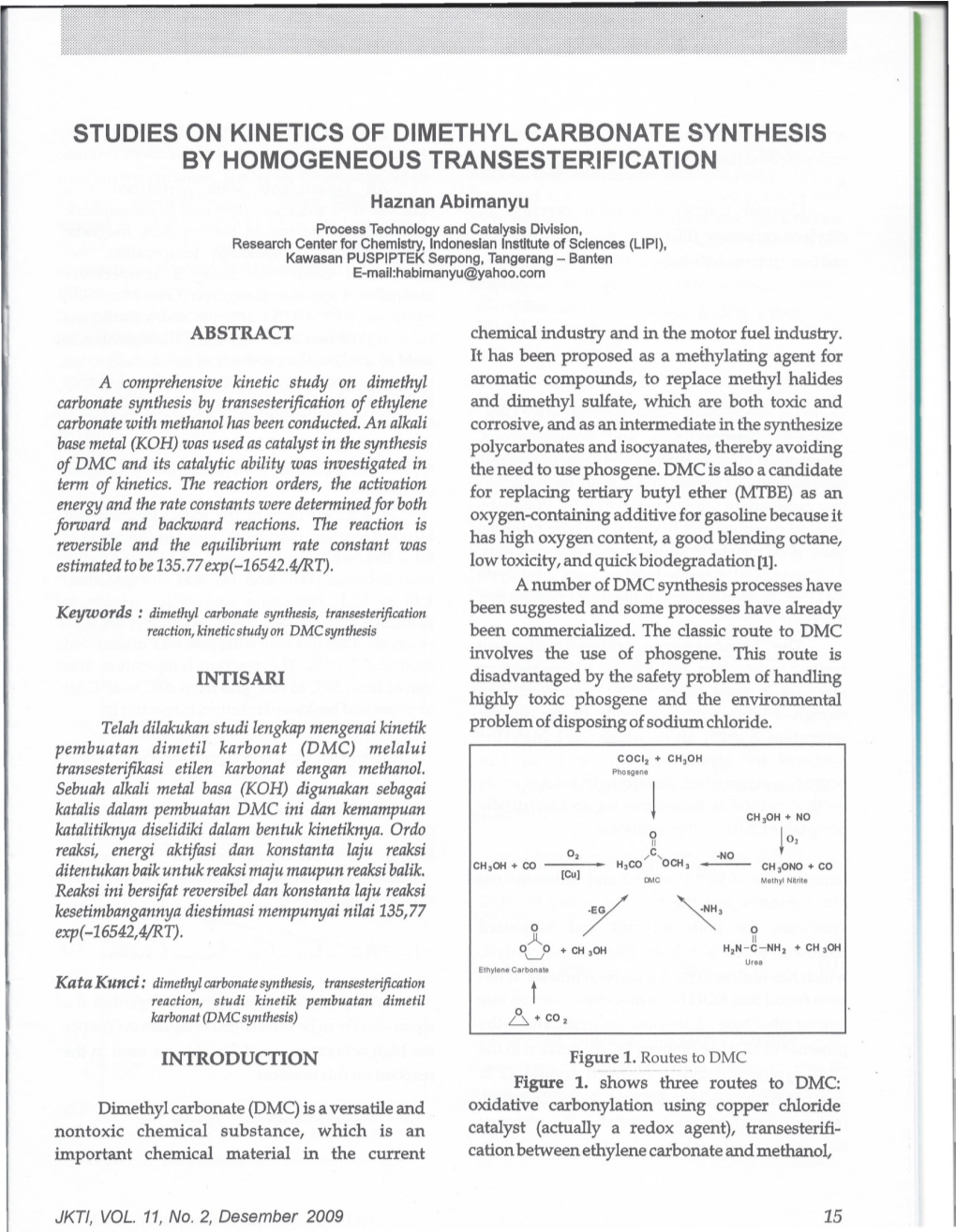 Studies on Kinetics of Dimethyl Carbonate Synthesis by Homogeneous Transesterification