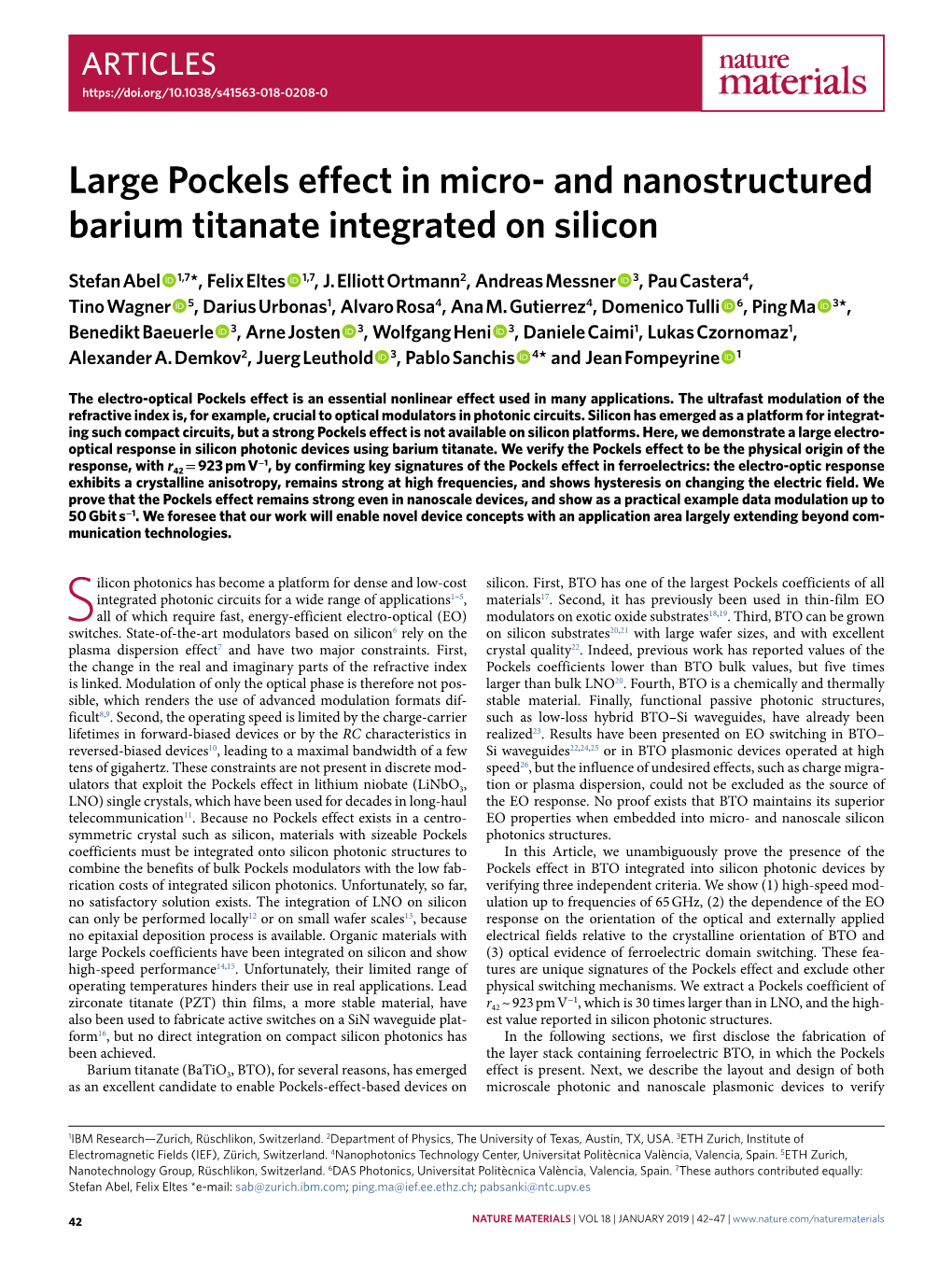 Large Pockels Effect in Micro- and Nanostructured Barium Titanate Integrated on Silicon