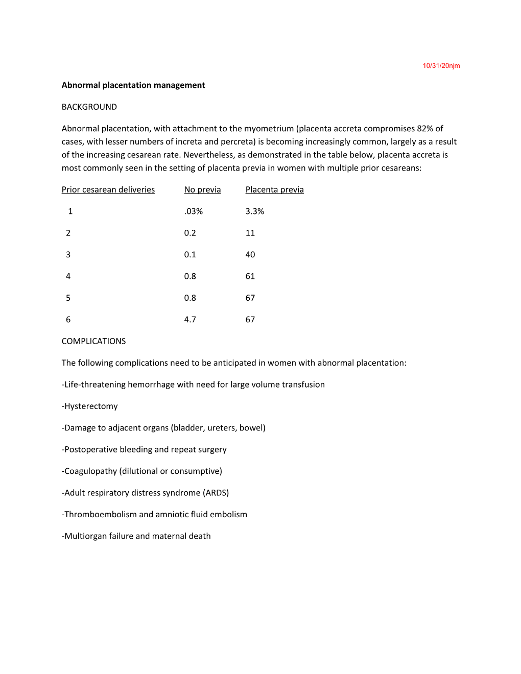 Abnormal Placentation: Placenta Accreta