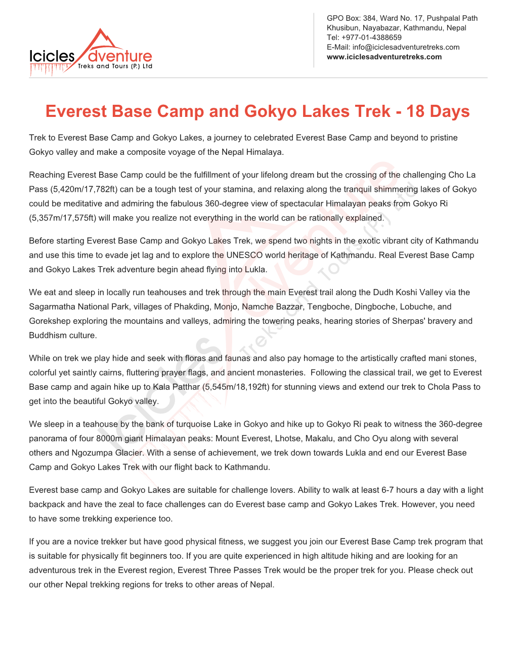 Everest Base Camp and Gokyo Lakes Trek - 18 Days