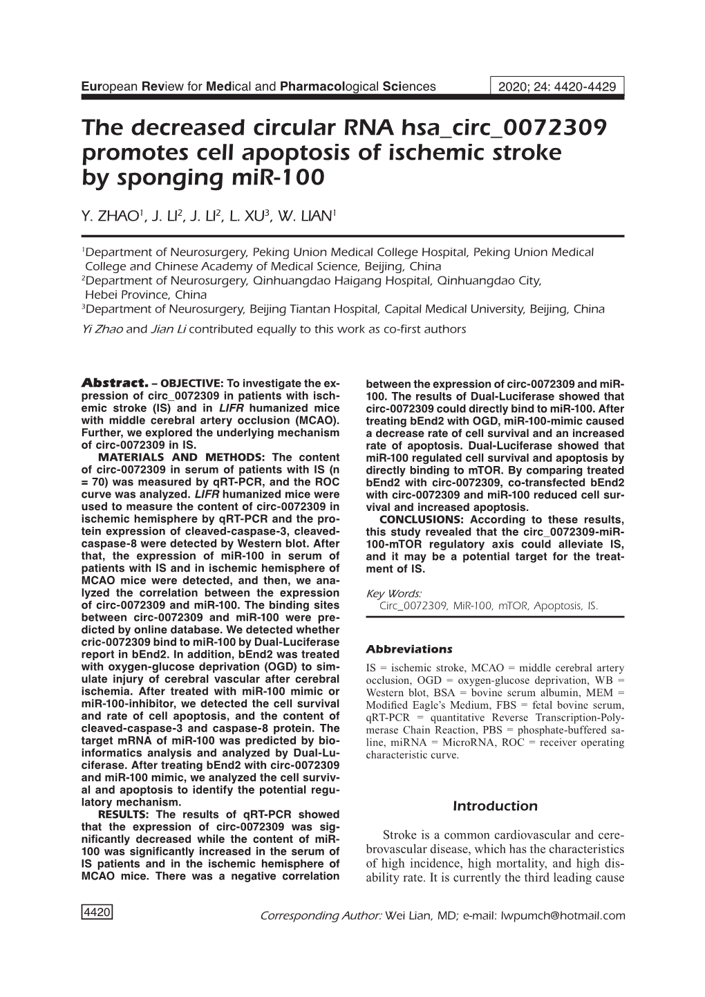 The Decreased Circular RNA Hsa Circ 0072309 Promotes Cell Apoptosis of Ischemic Stroke by Sponging Mir-100