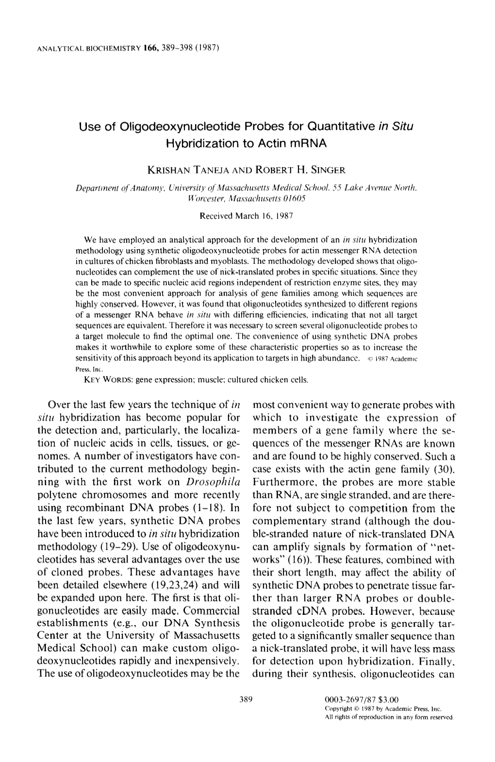 Use of Oligodeoxynucleotide Probes for Quantitative in Situ Hybridization to Actin Mrna