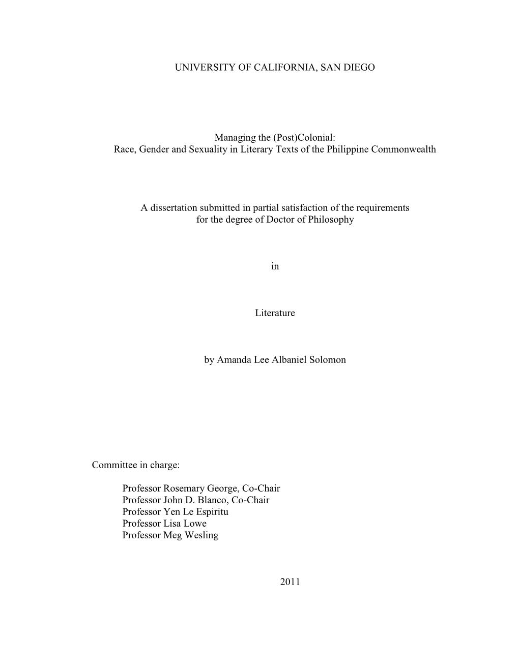 (Post)Colonial: Race, Gender and Sexuality in Literary Texts of the Philippine Commonwealth