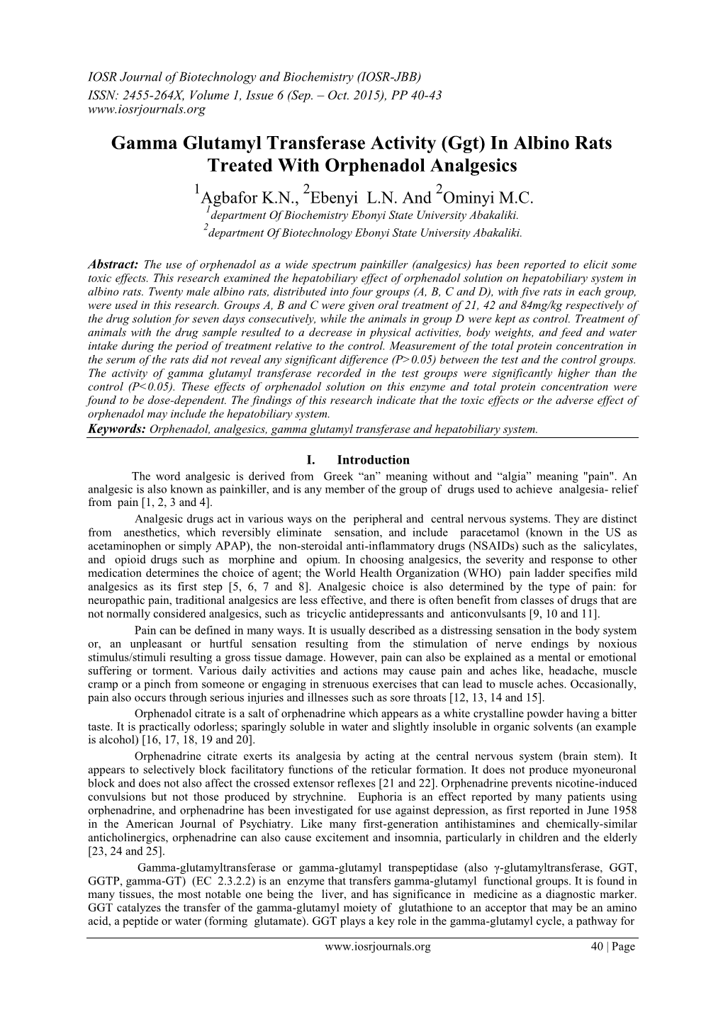 Gamma Glutamyl Transferase Activity (Ggt) in Albino Rats Treated with Orphenadol Analgesics