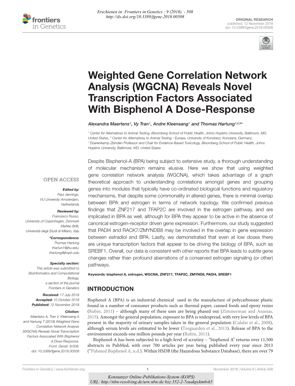 Weighted Gene Correlation Network Analysis (WGCNA) Reveals Novel Transcription Factors Associated with Bisphenol a Dose-Response