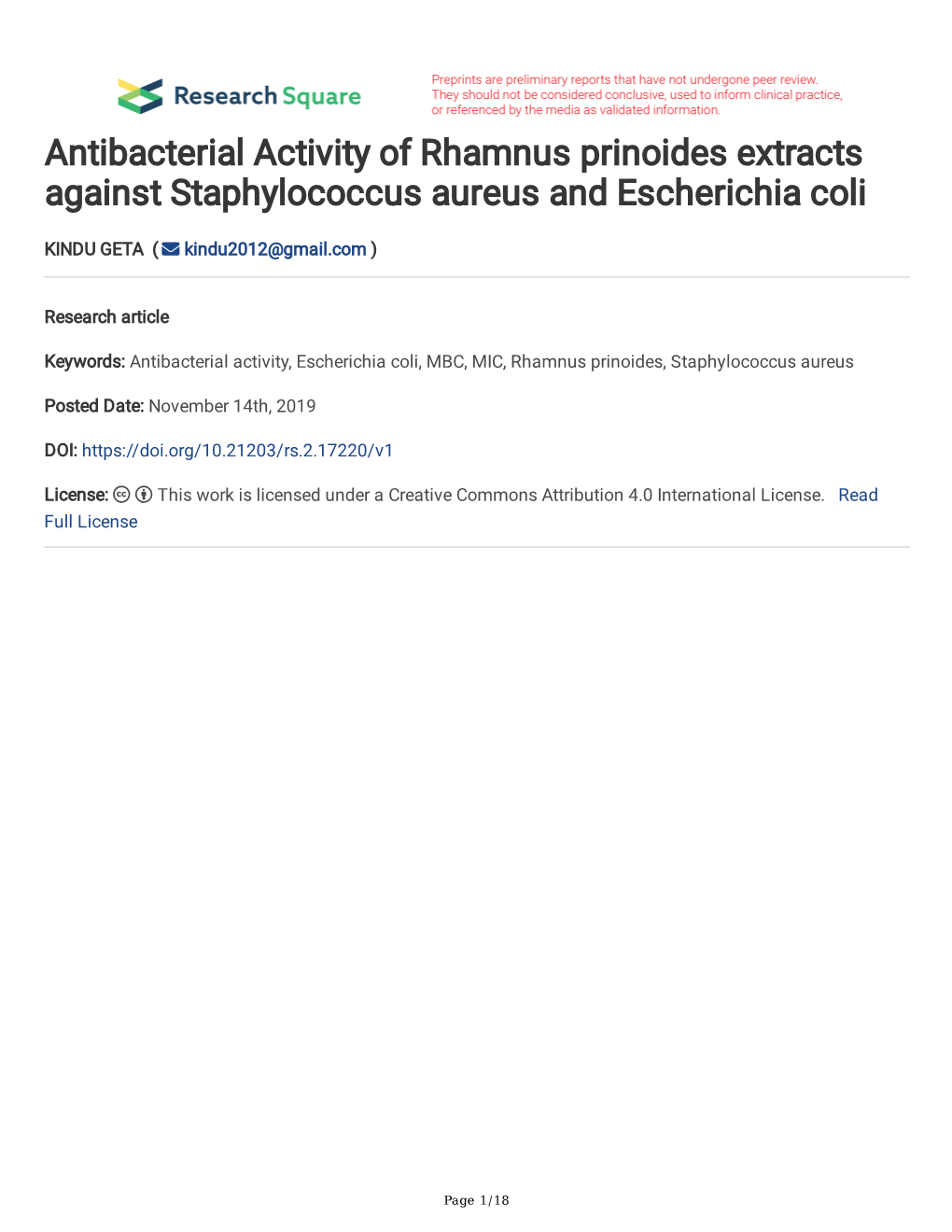 Antibacterial Activity of Rhamnus Prinoides Extracts Against Staphylococcus Aureus and Escherichia Coli