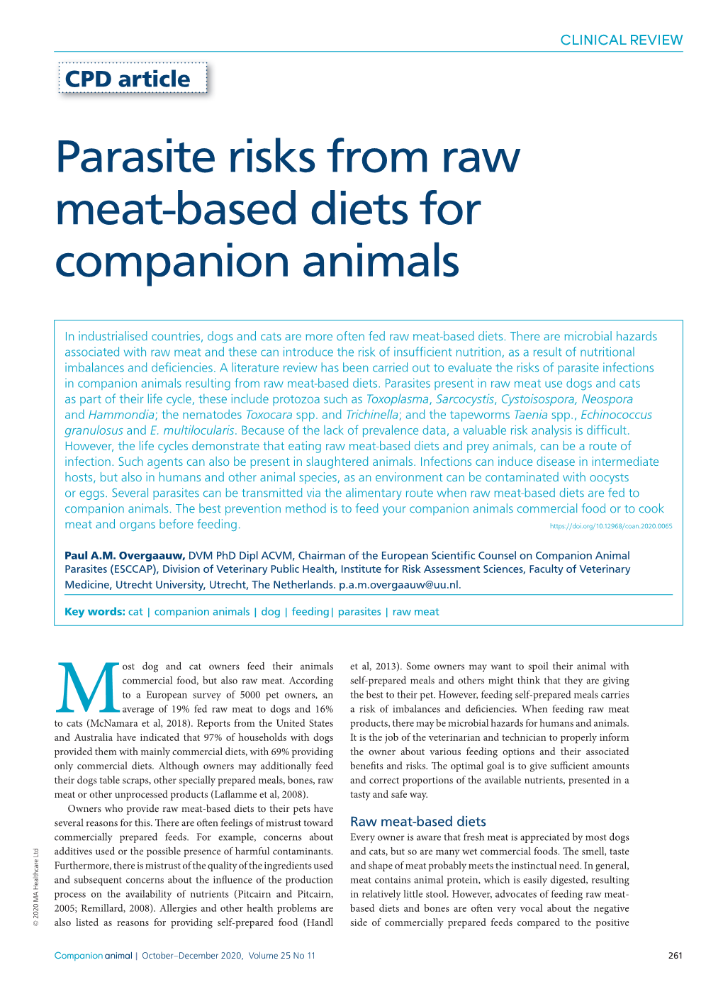 Parasite Risks from Raw Meat-Based Diets for Companion Animals