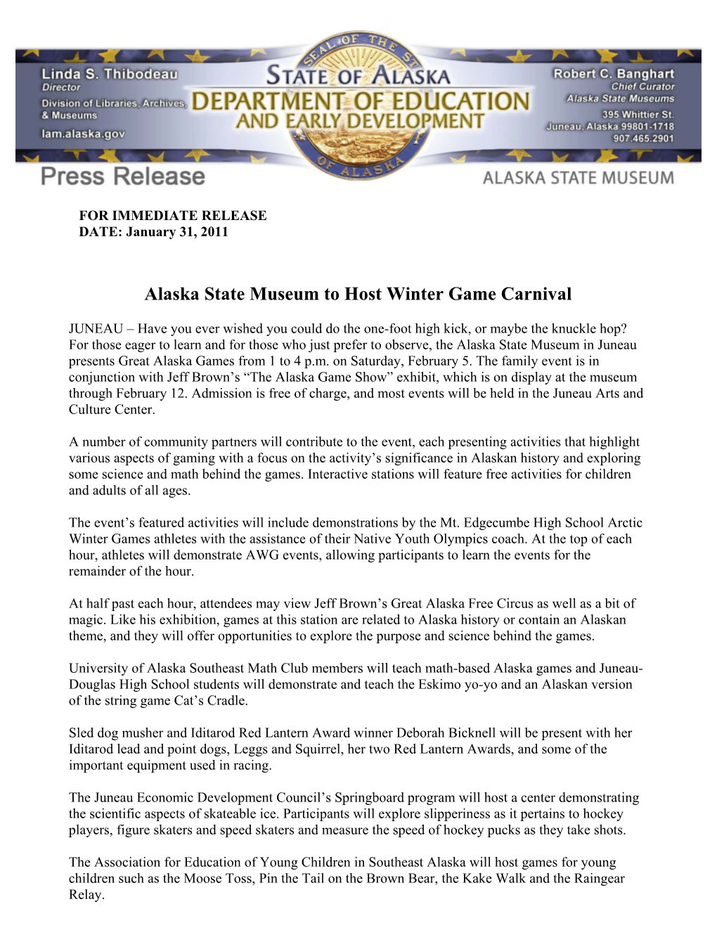 Alaska State Museum to Host Winter Game Carnival