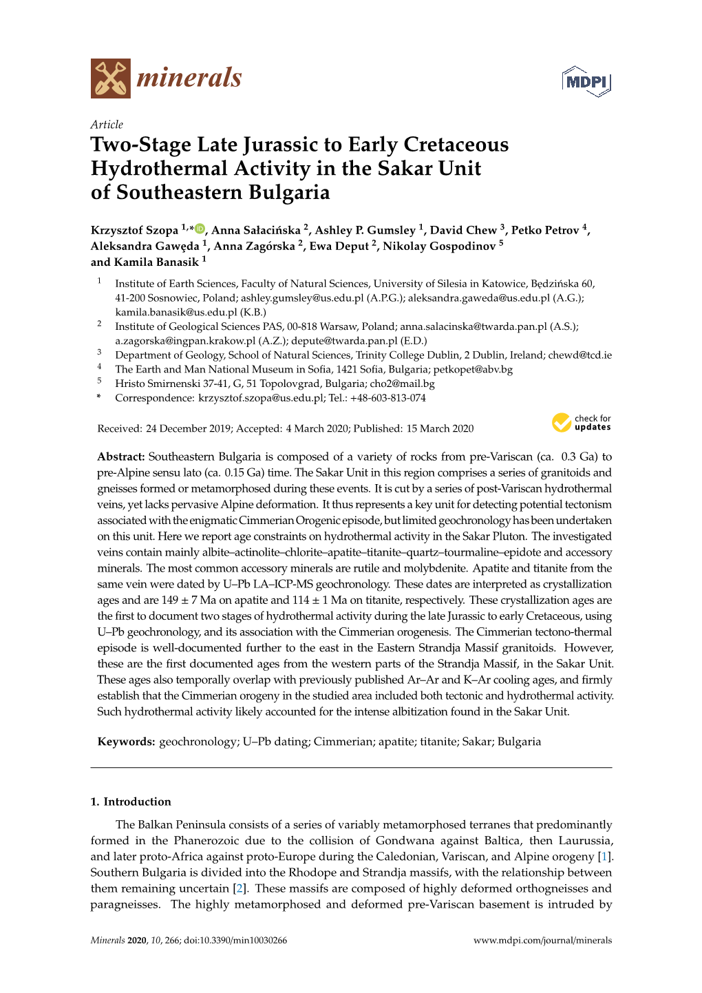 Two-Stage Late Jurassic to Early Cretaceous Hydrothermal Activity in the Sakar Unit of Southeastern Bulgaria