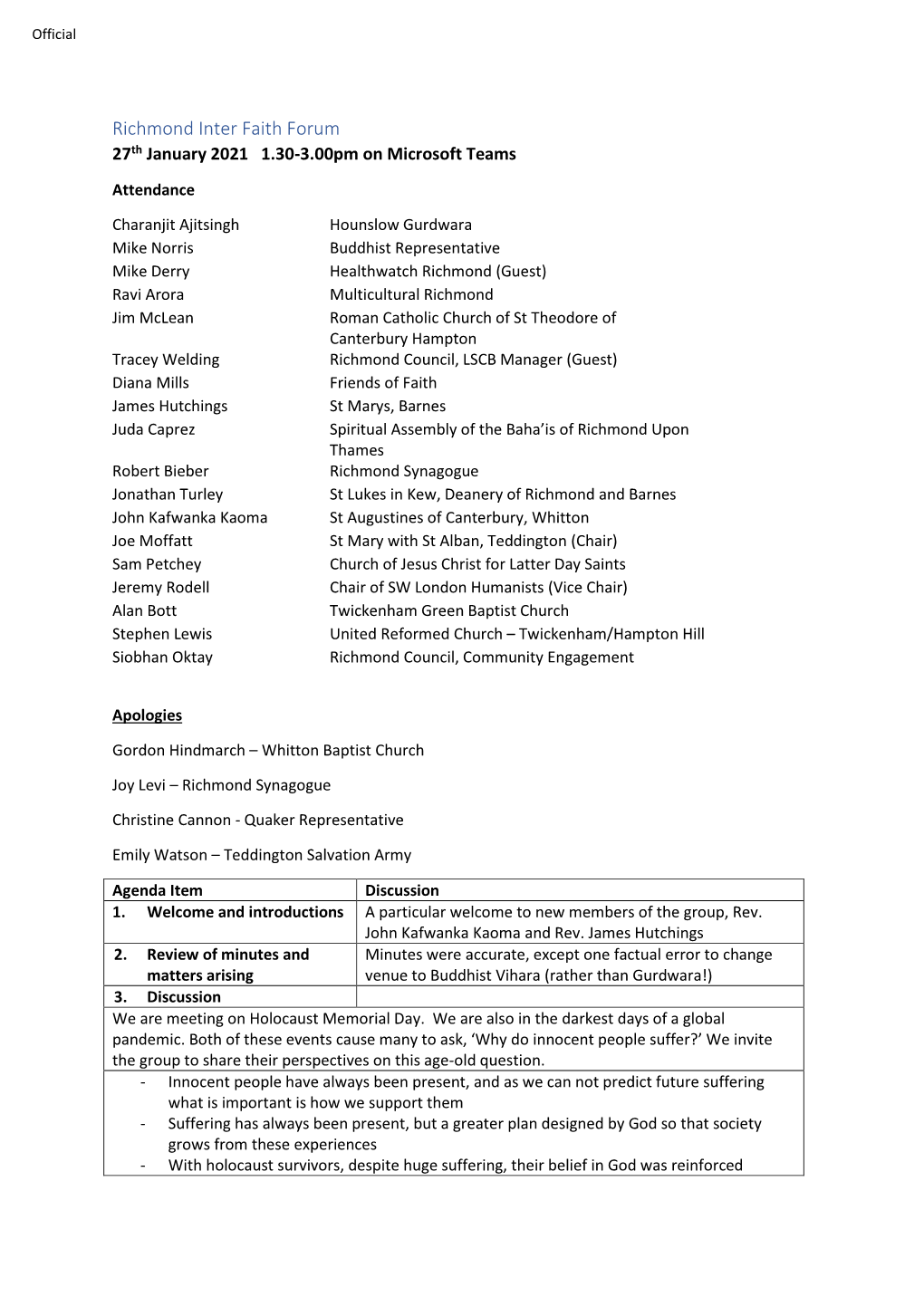 Richmond Inter Faith Forum 27Th January 2021 1.30-3.00Pm on Microsoft Teams