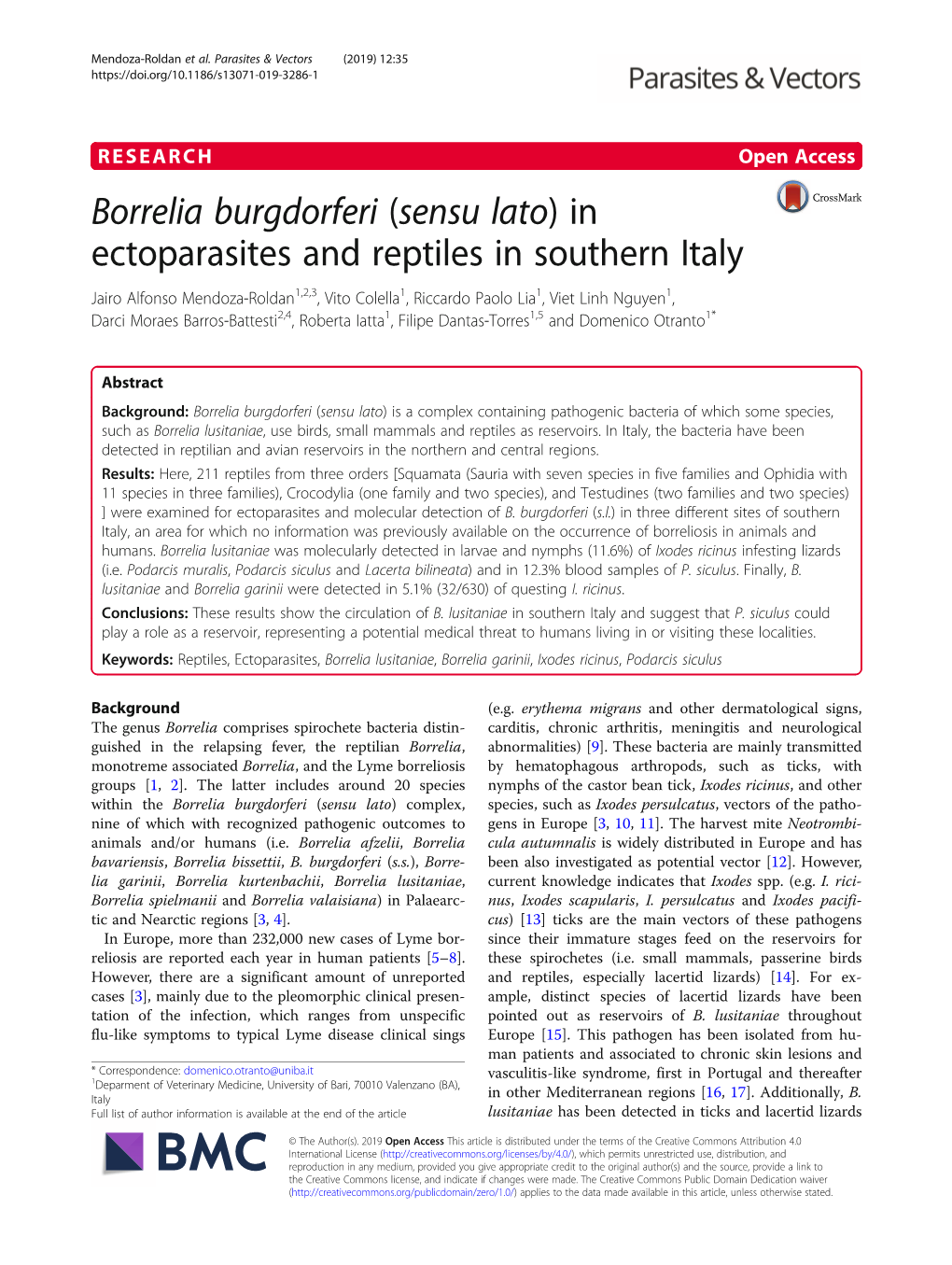 Borrelia Burgdorferi (Sensu Lato) in Ectoparasites and Reptiles In