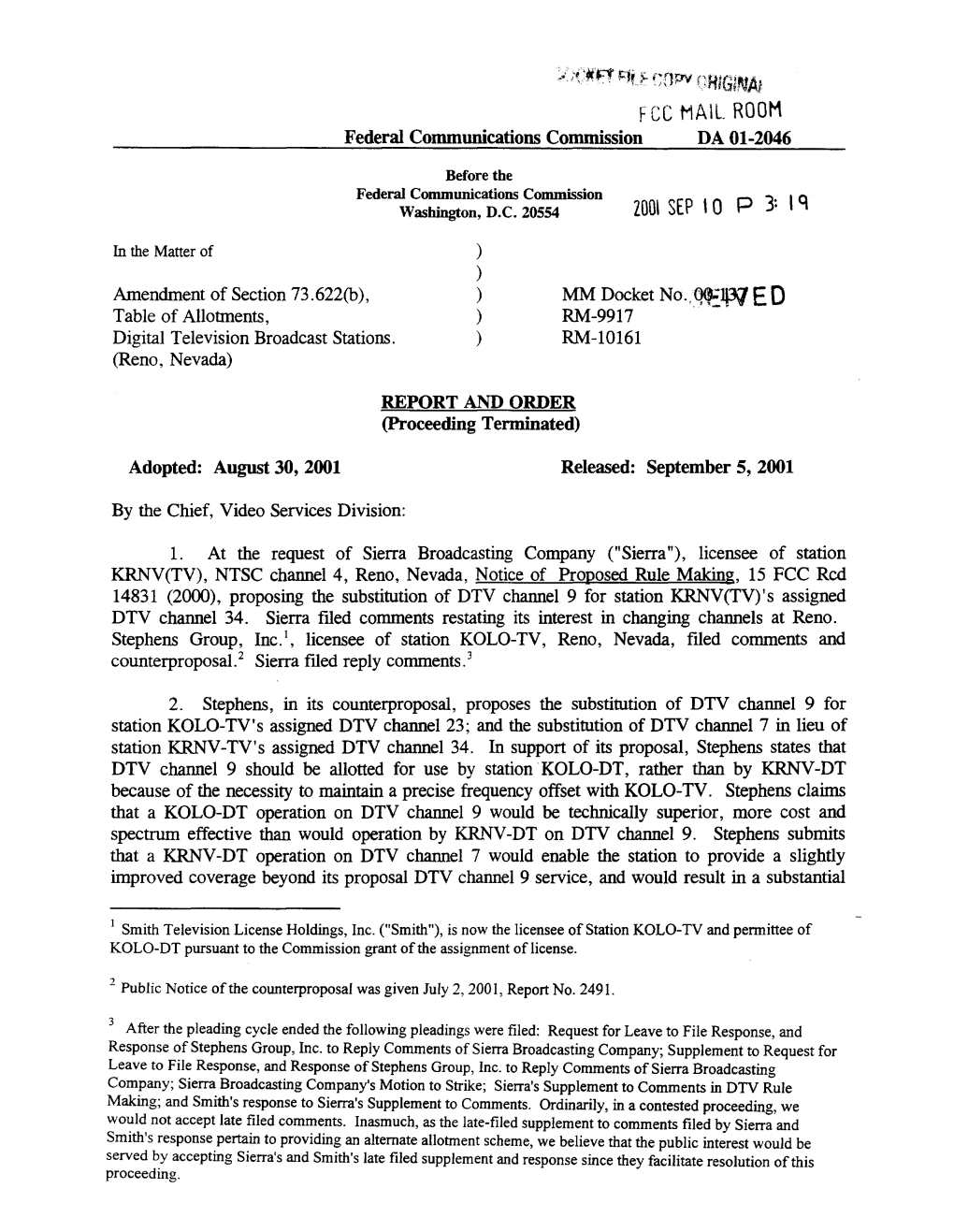 FCC HAIL ROOM Federal Communications Commission DA 01-2046