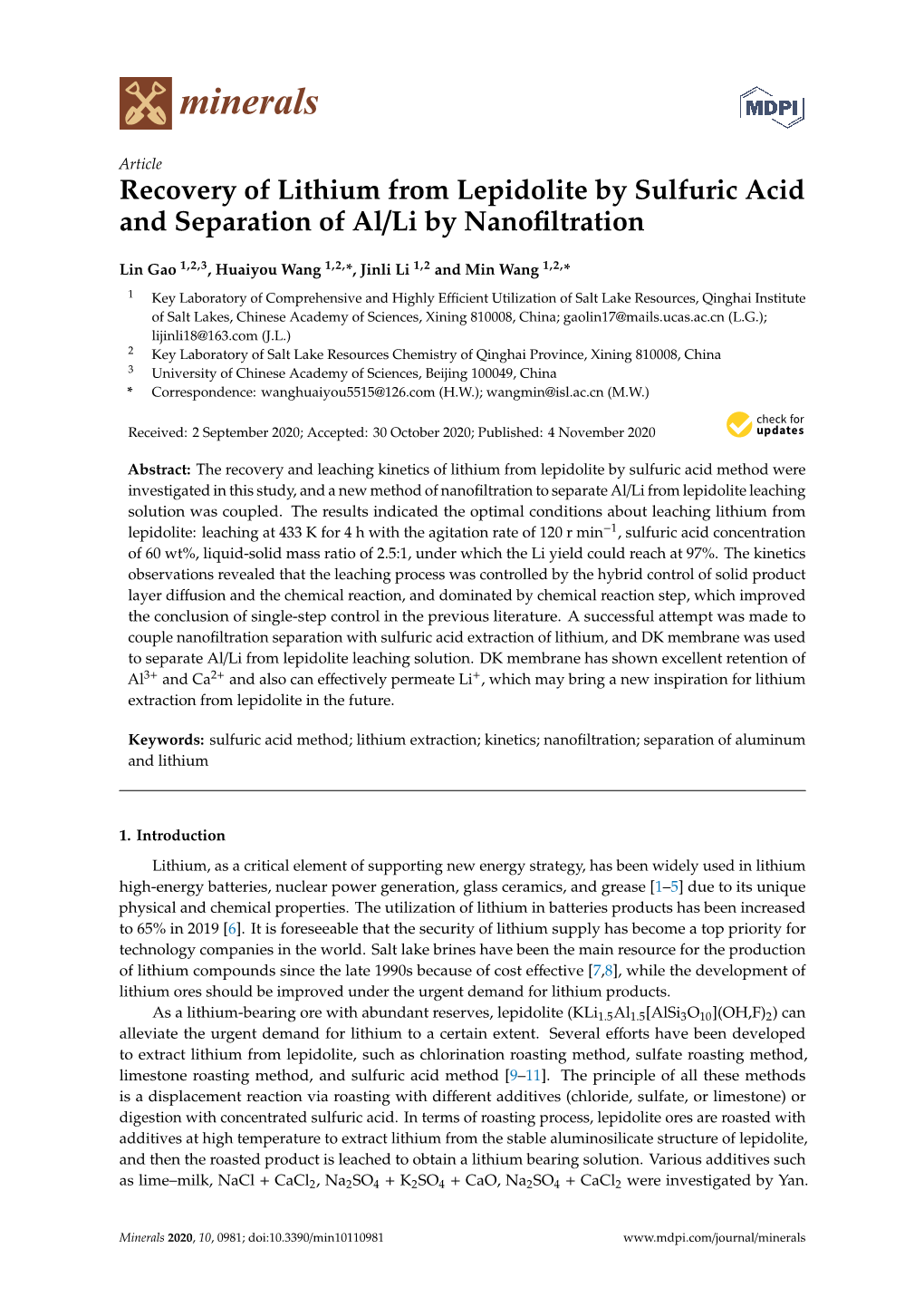 Recovery of Lithium from Lepidolite by Sulfuric Acid and Separation of Al/Li by Nanoﬁltration