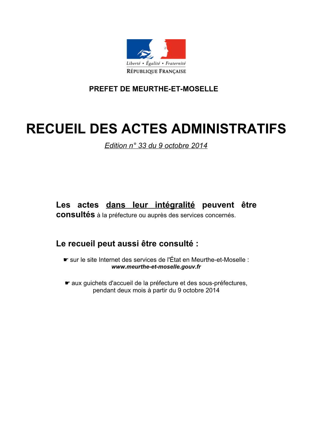 RECUEIL DES ACTES ADMINISTRATIFS Edition N° 33 Du 9 Octobre 2014