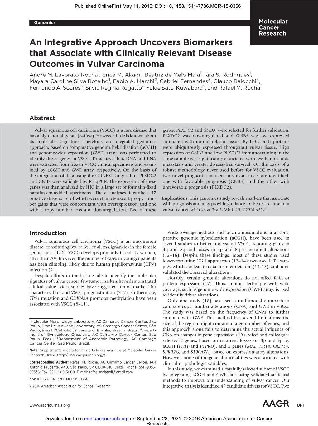 An Integrative Approach Uncovers Biomarkers That Associate with Clinically Relevant Disease Outcomes in Vulvar Carcinoma Andre M