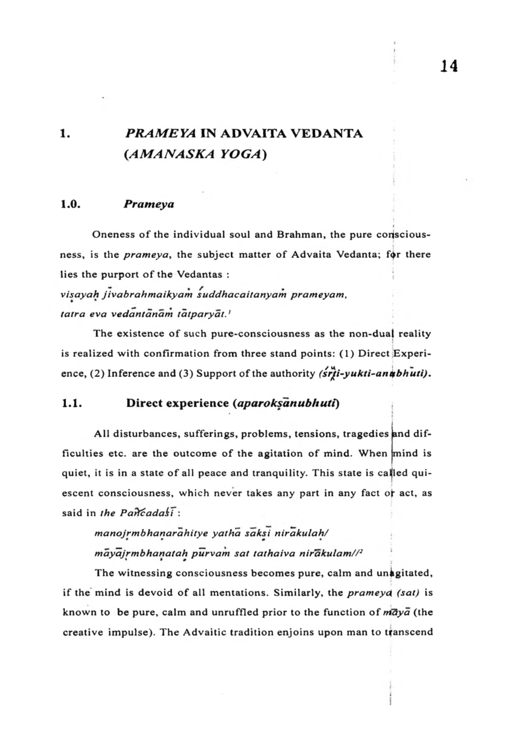 1. PRAMEYA in ADVAITA VEDANTA {AMANASKA YOGA) 1.0. Prameya