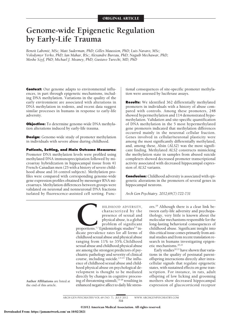 Genome-Wide Epigenetic Regulation by Early-Life Trauma