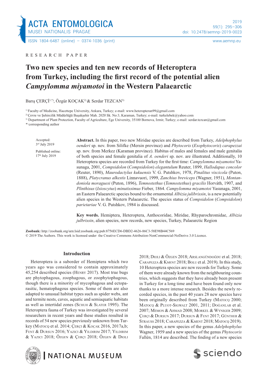 ACTA ENTOMOLOGICA 59(1): 295–306 MUSEI NATIONALIS PRAGAE Doi: 10.2478/Aemnp-2019-0023