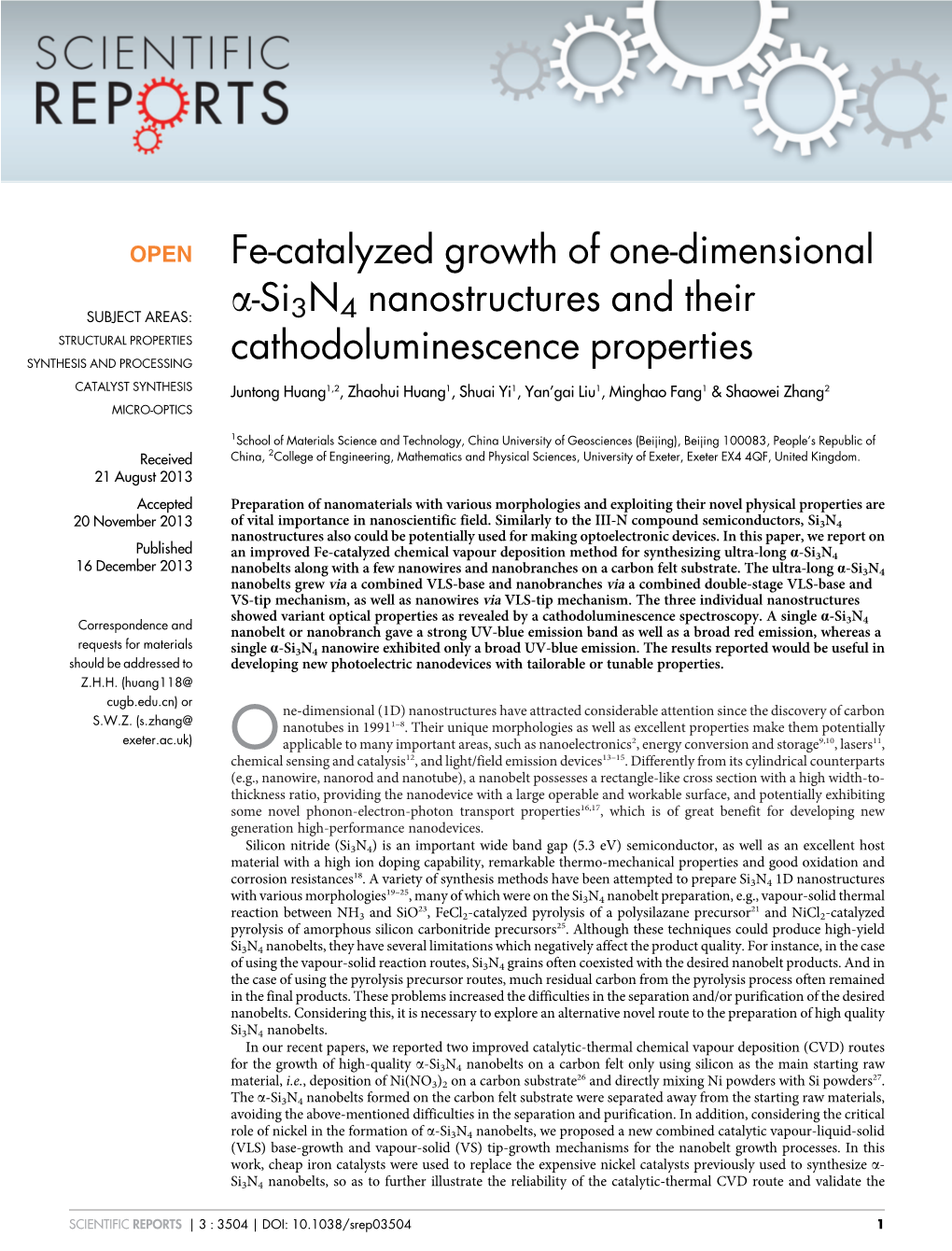 Fe-Catalyzed Growth of One-Dimensional A-Si3n4 Extremely Thin Single-Crystalline A-Si3n4 Microribbons