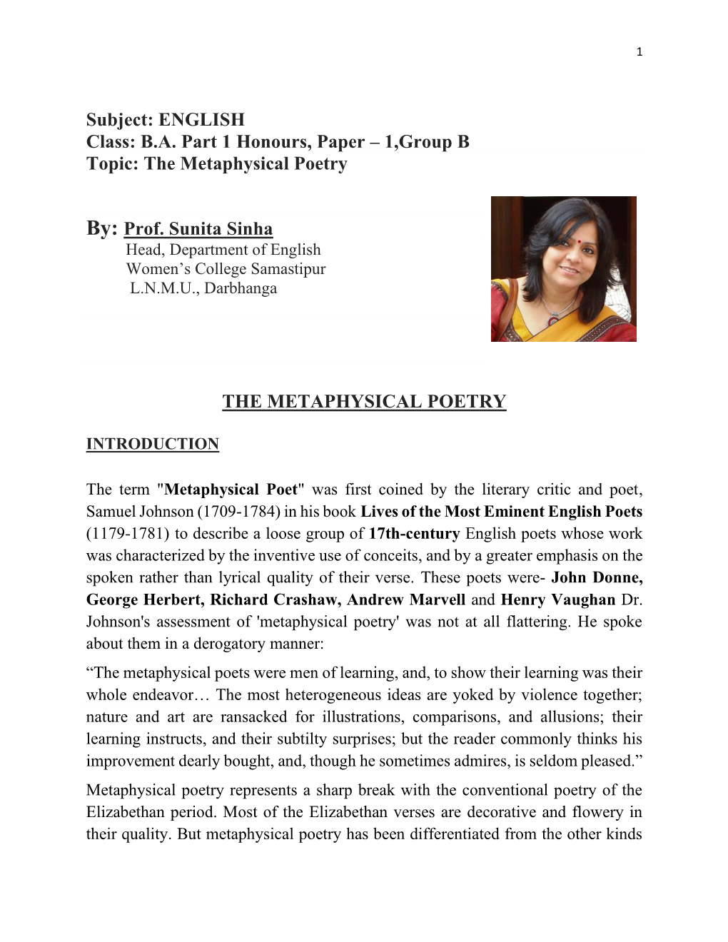 The Metaphysical Poetry By: Prof. Sunita Sinha the META